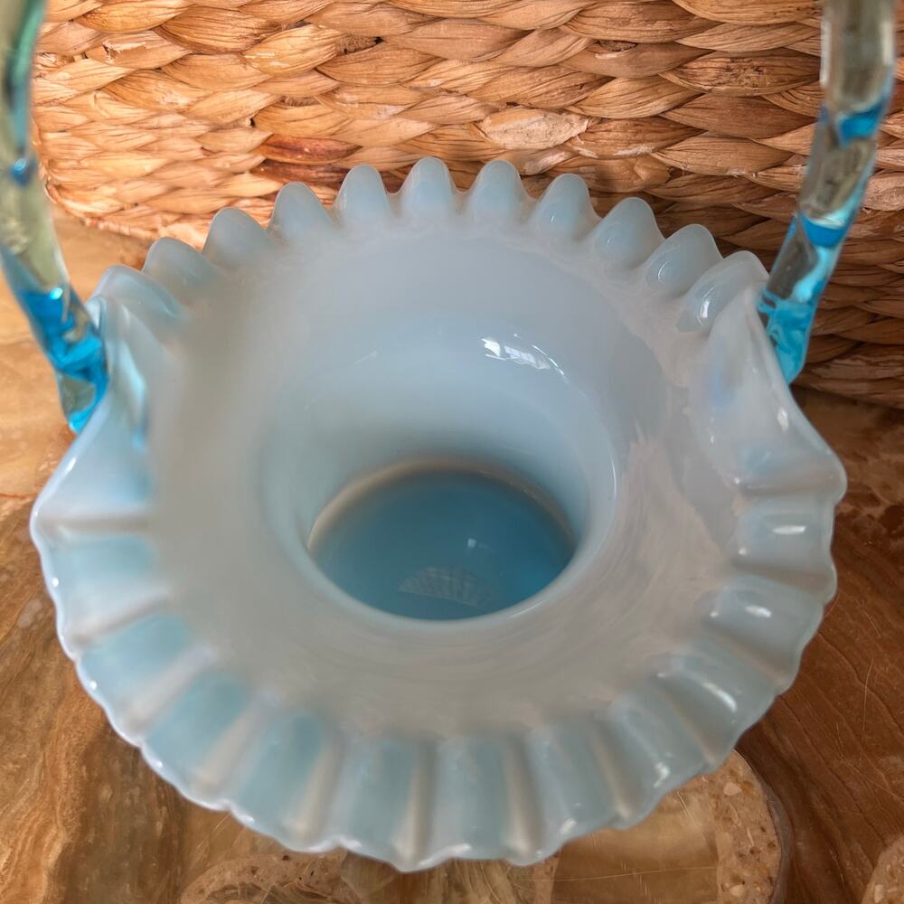 Fenton Ruffled Handled Blue Basket - Picture 4 of 7